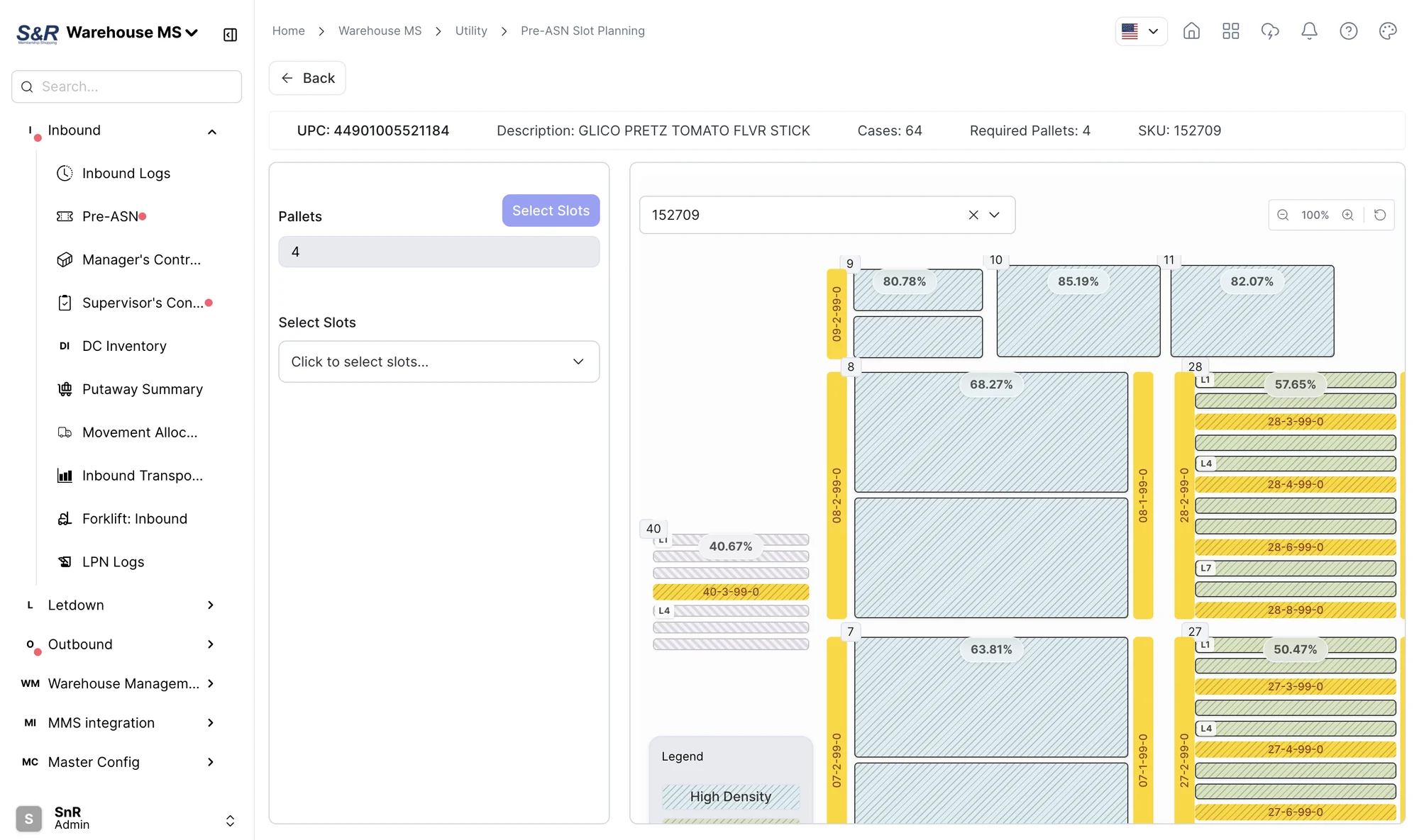 S&R Warehouse MS: Pre-ASN slot planning, showing bay utilisation by aisle and level for an incoming SKU